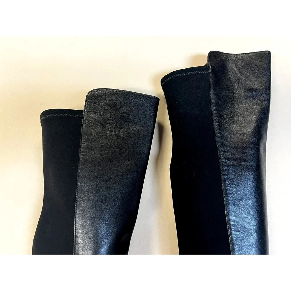 Stuart Weitzman 50/50 Over the Knee Boots Black Leather /Stretch Low Heel SZ 7.5